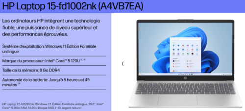 HP Laptop 15-fd1002nk (A4VB7EA) - Core5 120U  - 8Go Ram - 512Go SSD - 15.6"