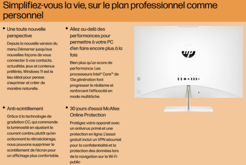 HP Pavilion 27-ca2021nk AiO PC (A4VU3EA) - i7 13700T - 16Go DDR4 - 512 Go SSD