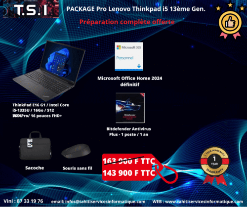 Package Lenovo ThinkPad E16 - 16 pouces / i5 1335U / 16Go Ram / 512 Go SSD / W11 Pro