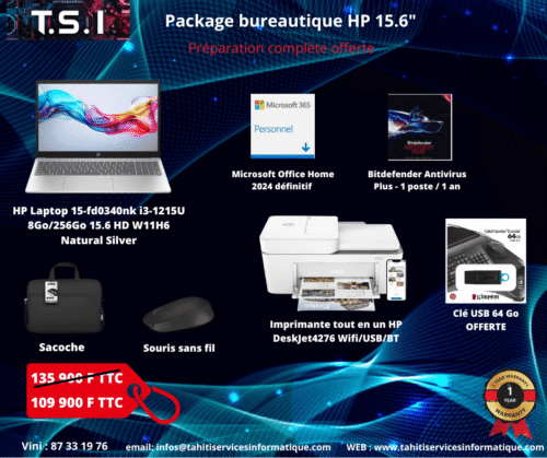 Package HP Bureautique 15.6" -i3 / 8Go Ram / 256Go SSD / W11H