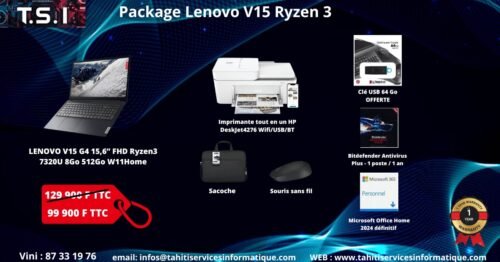 Package LENOVO V15 G4 15,6” FHD Ryzen3 7320U 8Go 512Go W11Home