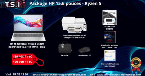 Package bureautique HP 15-fc0026nk Ryzen 5 / 8Go Ram / 512 SSD / 15.6" FullHD / W11H