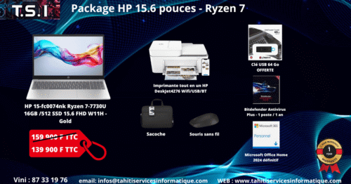 Package bureautique avancée HP 15-fc0074nk Ryzen 7-7730U / 16GB Ram /512 SSD / 15.6 FHD / W11H