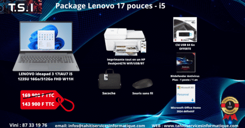 Package bureautique LENOVO ideapad 3 17IAU7 / i5 1235U / 16Go Ram / 512Go SSD / 17.3" FullHD / W11H
