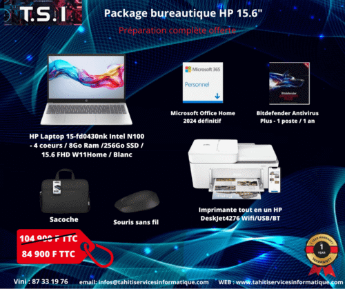 Package bureautique HP Intel N100 / 8Go Ram / 256 SSD / 15.6" FullHD /W11Home / Blanc