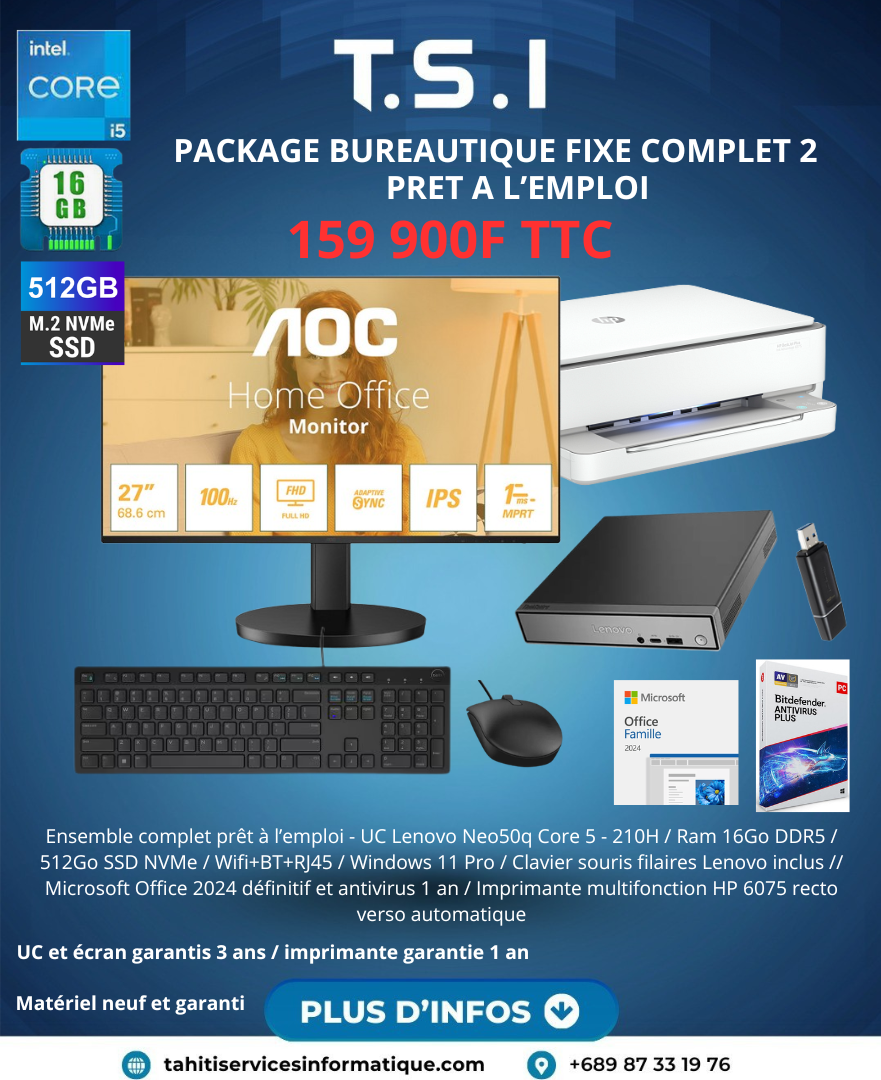 Package PC Fixe - Mini PC Lenovo Thnikcenter Neo50q - Core5 210H - 16Go RAM DDR5 - 512 SSD Nvme - W11 Pro - Ecran 27 pouces FHD