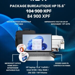 Package bureautique HP 15.6" FullHD / Intel N100 4 coeurs / 8Go RAM / 256 Go SSD / W11Home