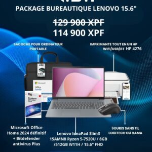 Package bureautique Lenovo Ryzen 5 7520U / 8Go Ram / 512 SSD / W11Home / 15.6" FullHD