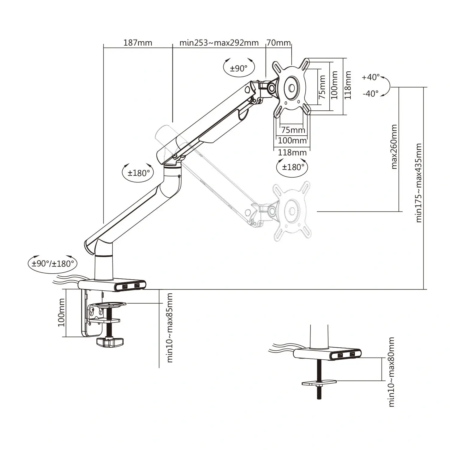 Support de bureau Full Motion pour écran PC 17"-32" avec USB, Blanc – Image 3