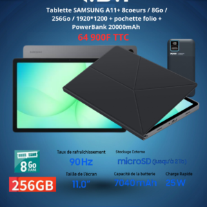 Combo Samsung Galaxy Tab A11+ - Wi-Fi - 8Go / 256 Go - Anthracite + pochette + PowerBank 20000mAh