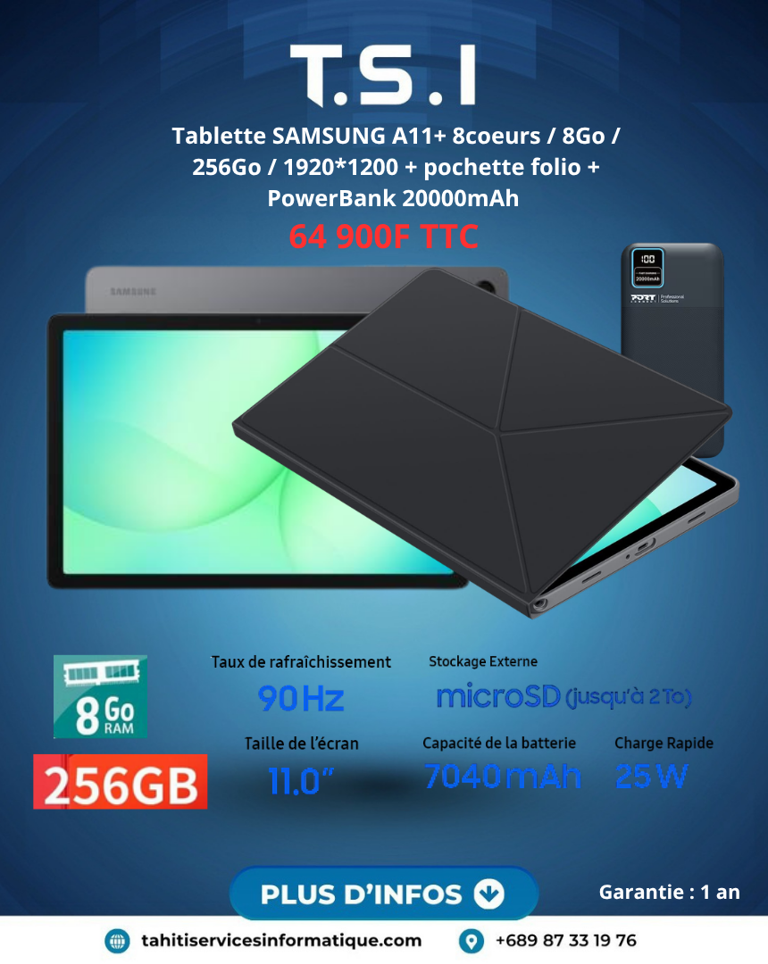 Combo Samsung Galaxy Tab A11+ - Wi-Fi - 8Go / 256 Go - Anthracite + pochette + PowerBank 20000mAh