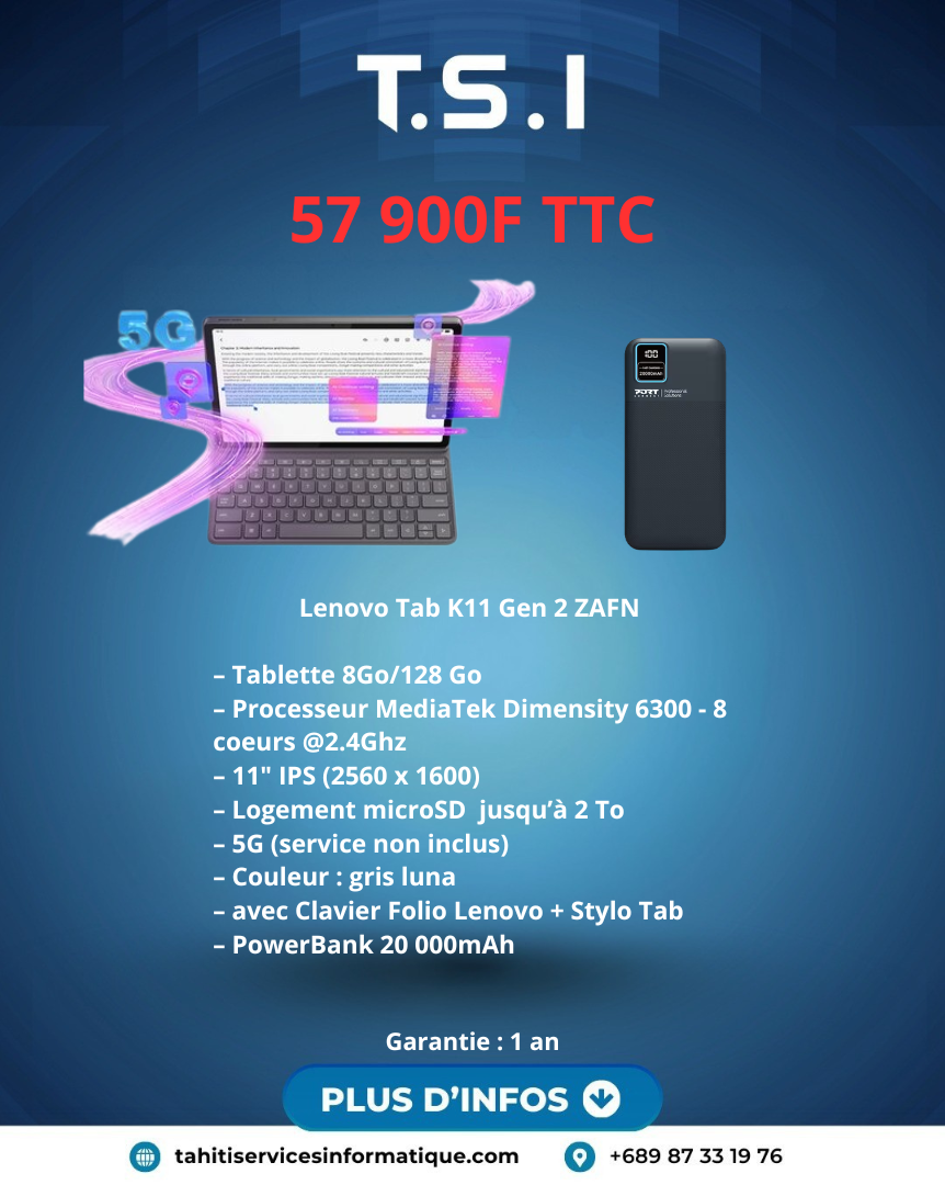 Lenovo Tab K11 Gen 2 ZAFN - 8GB/128G + clavier folio + stylet + PowerBank 20000mAh