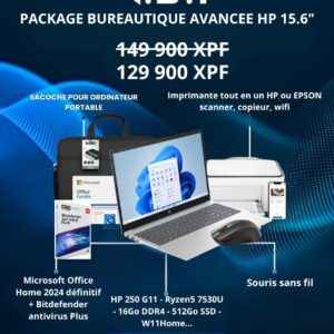 Package bureautique avancée HP 250 G11 / Ryzen5 7530U / 16Go Ram DDR4 / 512 SSD / W11H / 15.6" FHD