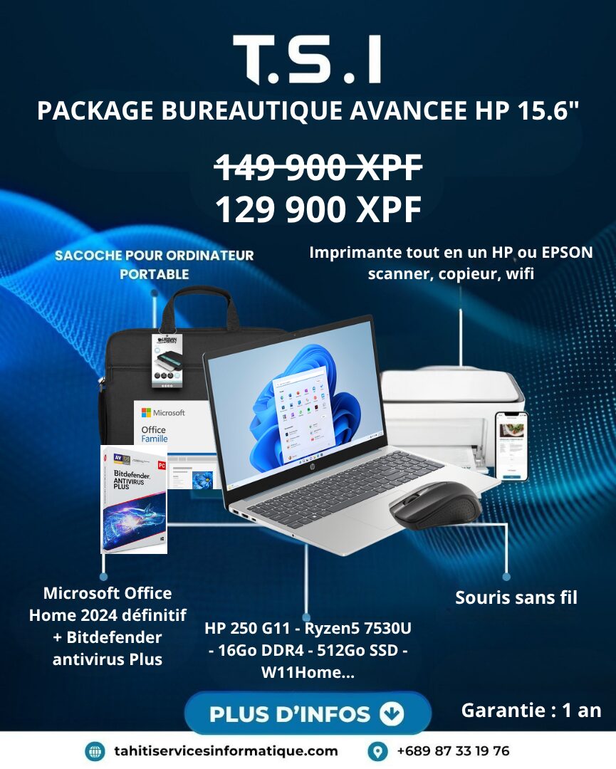 Package bureautique avancée HP 250 G11 / Ryzen5 7530U / 16Go Ram DDR4 / 512 SSD / W11H / 15.6" FHD