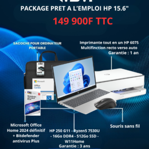 Package bureautique avancée HP 250 G11 / Ryzen5 7530U / 16Go Ram DDR4 / 512 SSD / W11H / 15.6" FHD