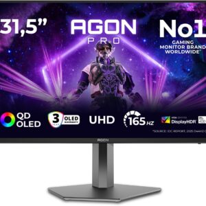 AOC Gaming Moniteur AG326UD 32 Pouce 165Hz QD-OLED Dalle, 0.03ms GtG, HDR400 TrueBlack, G-Sync Compatible, Ajustable en Hauteur, Haut-parleurs, USB Hub