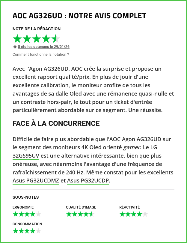 AOC Gaming Moniteur AG326UD 32 Pouce 165Hz QD-OLED Dalle, 0.03ms GtG, HDR400 TrueBlack, G-Sync Compatible, Ajustable en Hauteur, Haut-parleurs, USB Hub – Image 7