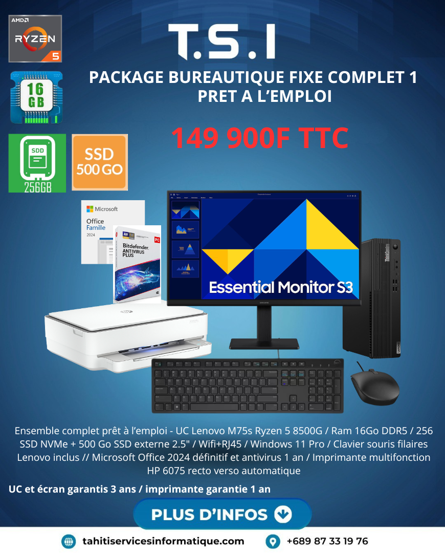 Package PC Fixe - Small PC Lenovo M75s Ryzen 5 8500G / Ram 16Go DDR5 / 256 SSD NVMe + 500 Go SSD externe 2.5" / Wifi+RJ45 / Windows 11 Pro
